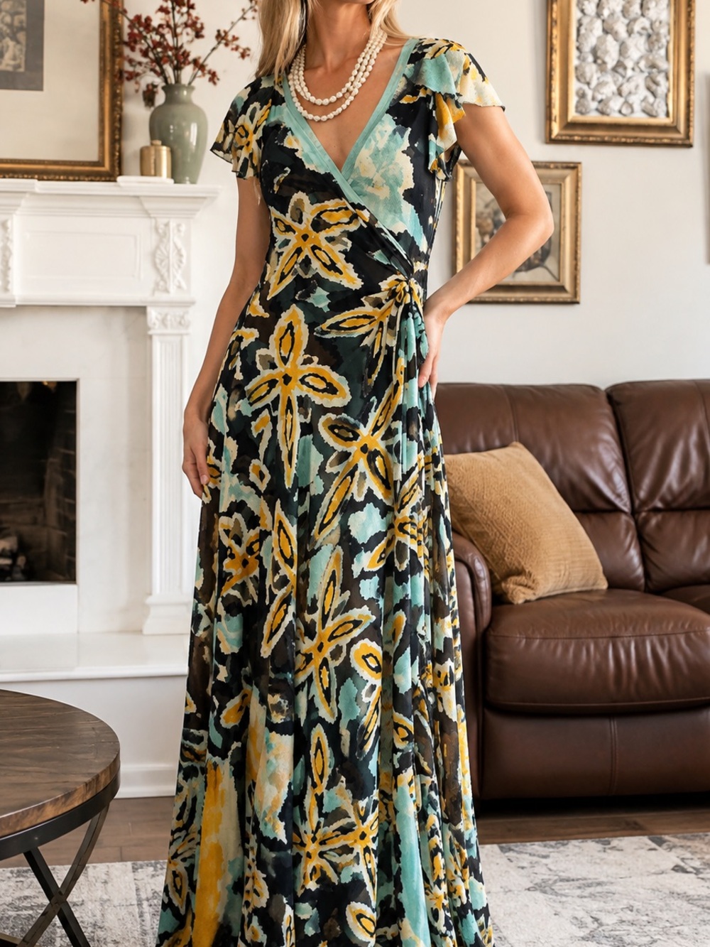 Diane Von Furstenberg Teal, Mustard & Black Floral Wrap Maxi dress